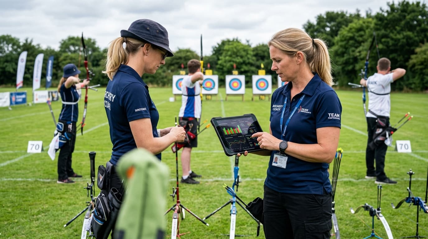 Coaches reviewing athlete data on a tablet at the range